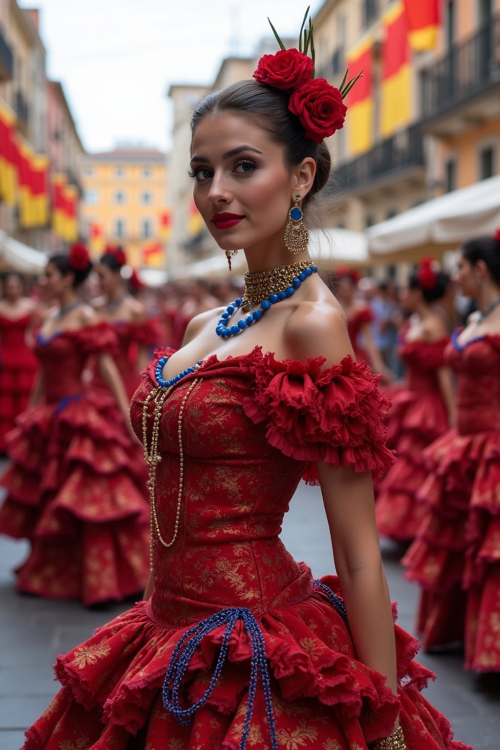 woman at a Spanish flamenco festival, wearing a vibrant red dress with blue and gold accessories , surrounded by dancers and musicians, historic plaza decorated with European flags and flowers