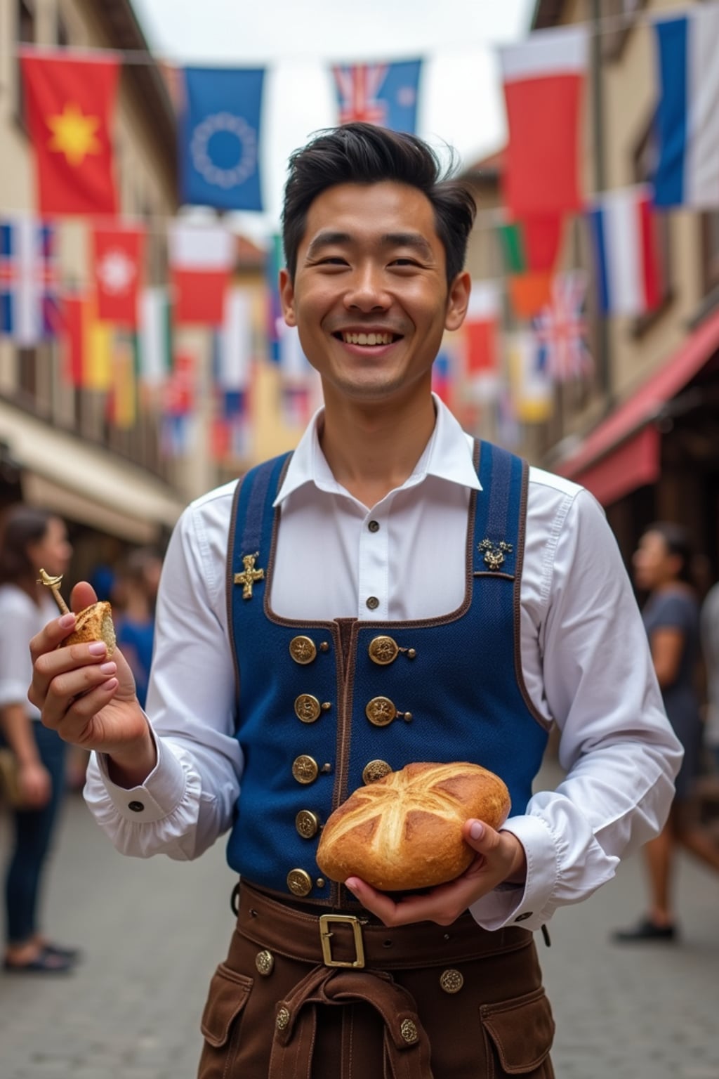man in traditional European festival attire,  lederhosen with European blue vest and gold buttons, holding a small European flag and traditional bread, standing proudly in a medieval town square decorated with flags of all European nations.