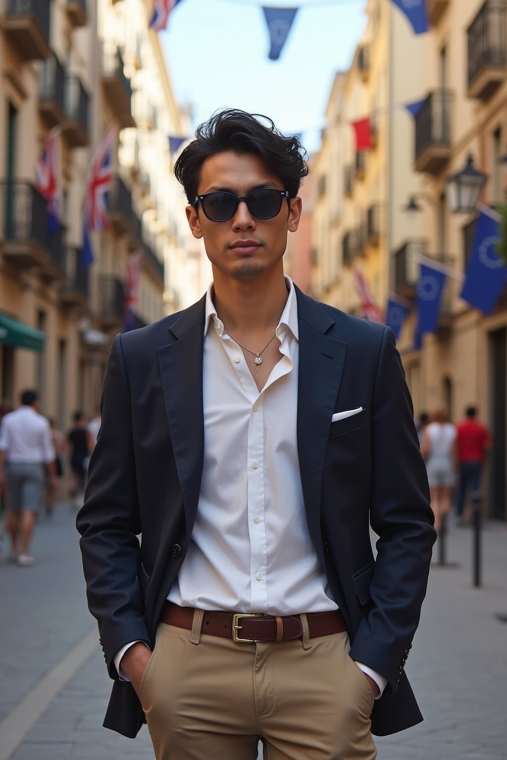 man on a Barcelona street decorated with European flags, wearing  smart casual Mediterranean attire with European design elements, Gaudi's architecture visible in the background, embodying modern European city style