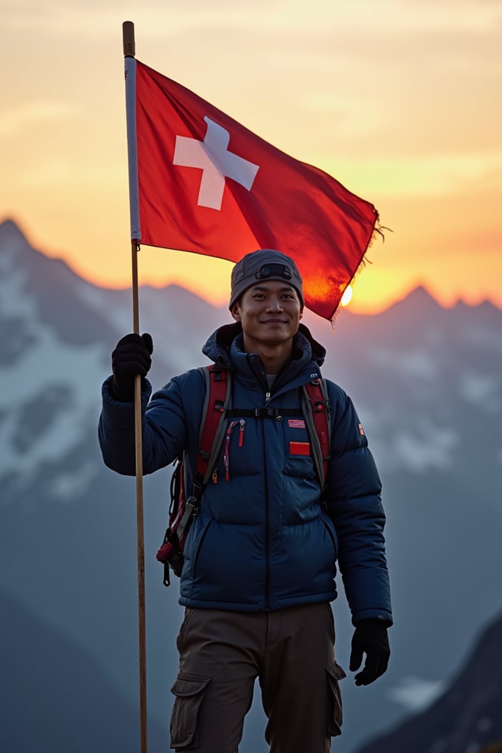 man at the Swiss Alps at sunset, wearing  outdoor gear with European flag patches, proudly holding a European flag high, the majestic mountains stretching behind