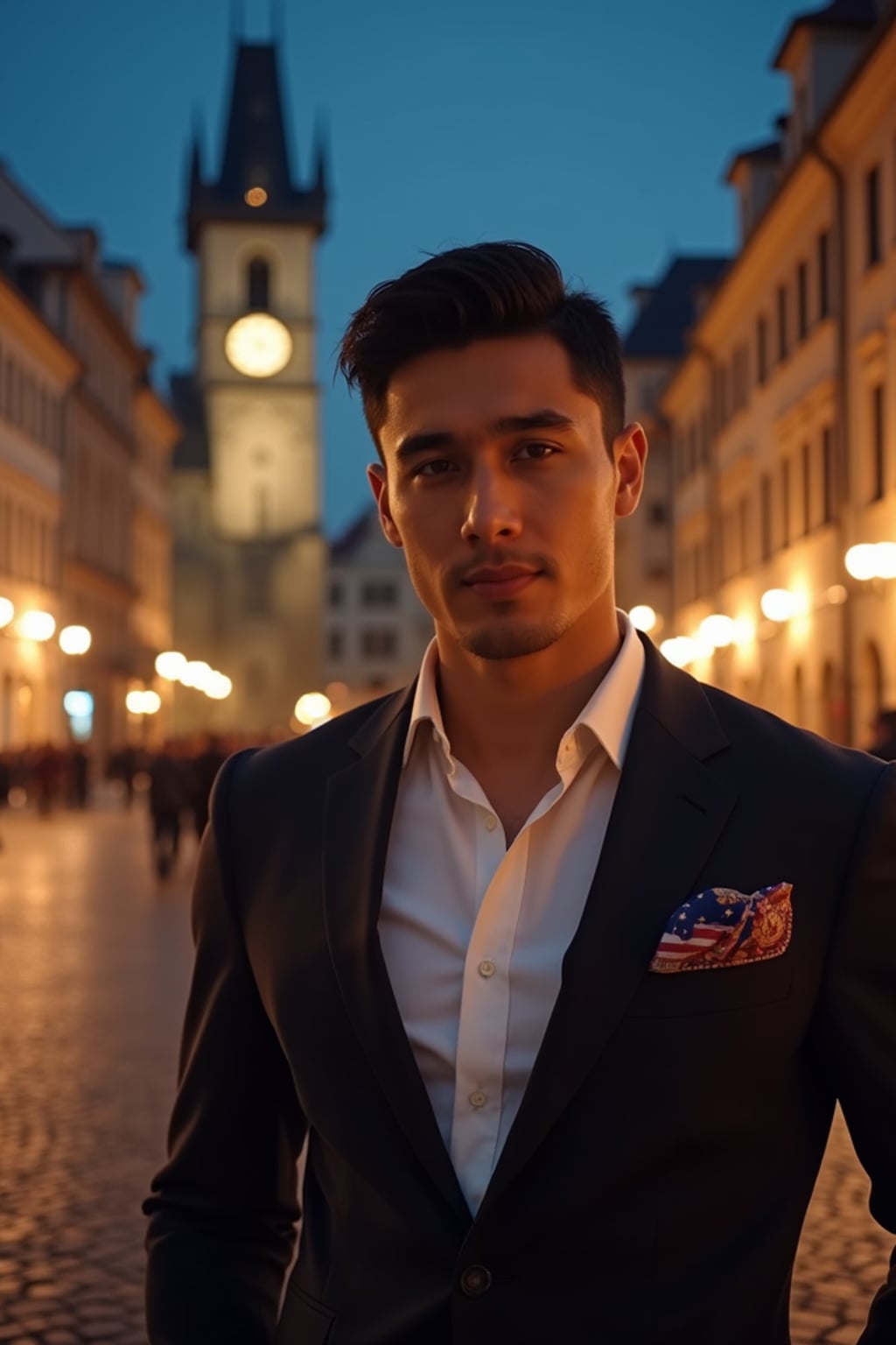 man in Prague's Old Town Square at night, surrounded by the iconic gothic architecture, wearing  a stylish modern suit with European flag pocket square, the historic astronomical clock and cobblestone streets creating a magical European atmosphere