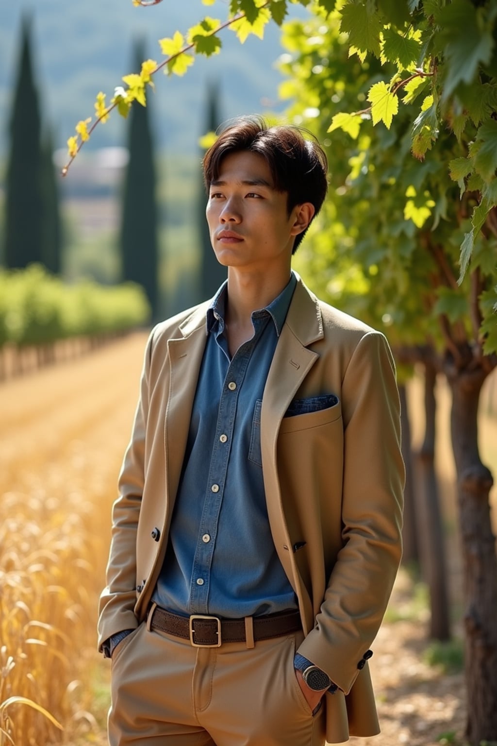 man in a rustic vineyard in Tuscany, wearing  casual elegant attire with European blue details, standing beneath hanging grape vines, golden wheat fields and cypress trees visible in the background, embodying European rural charm