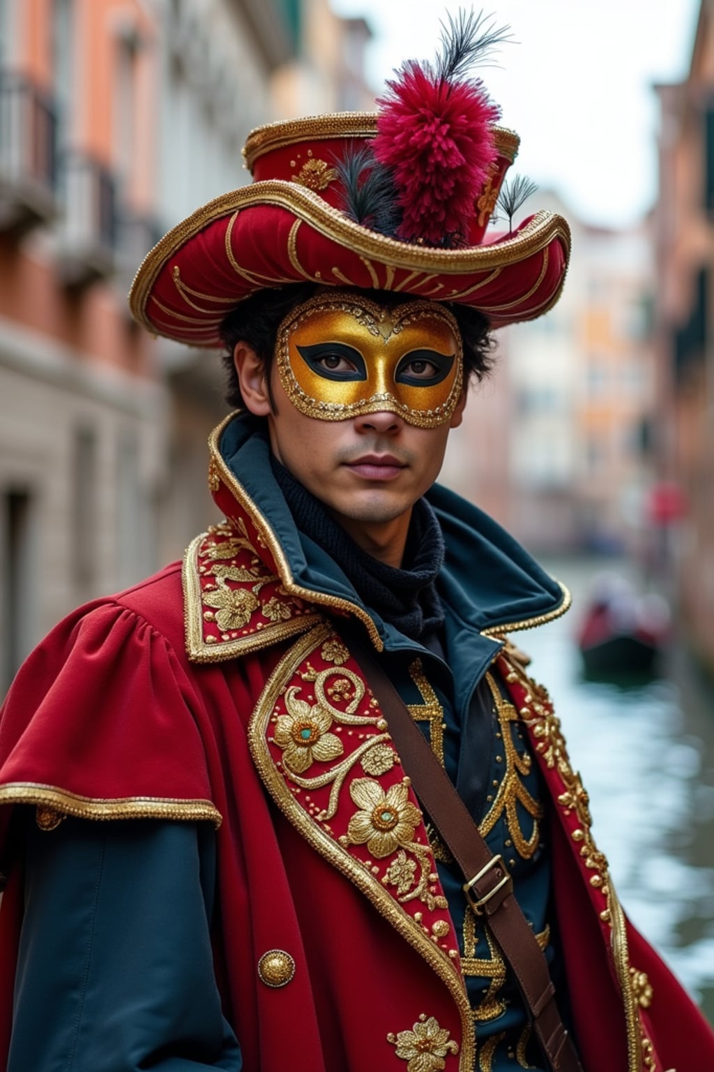 man at Carnival in Venice, wearing  an elegant costume with European colors and gold mask, surrounded by historic architecture and canals, embodying European cultural tradition