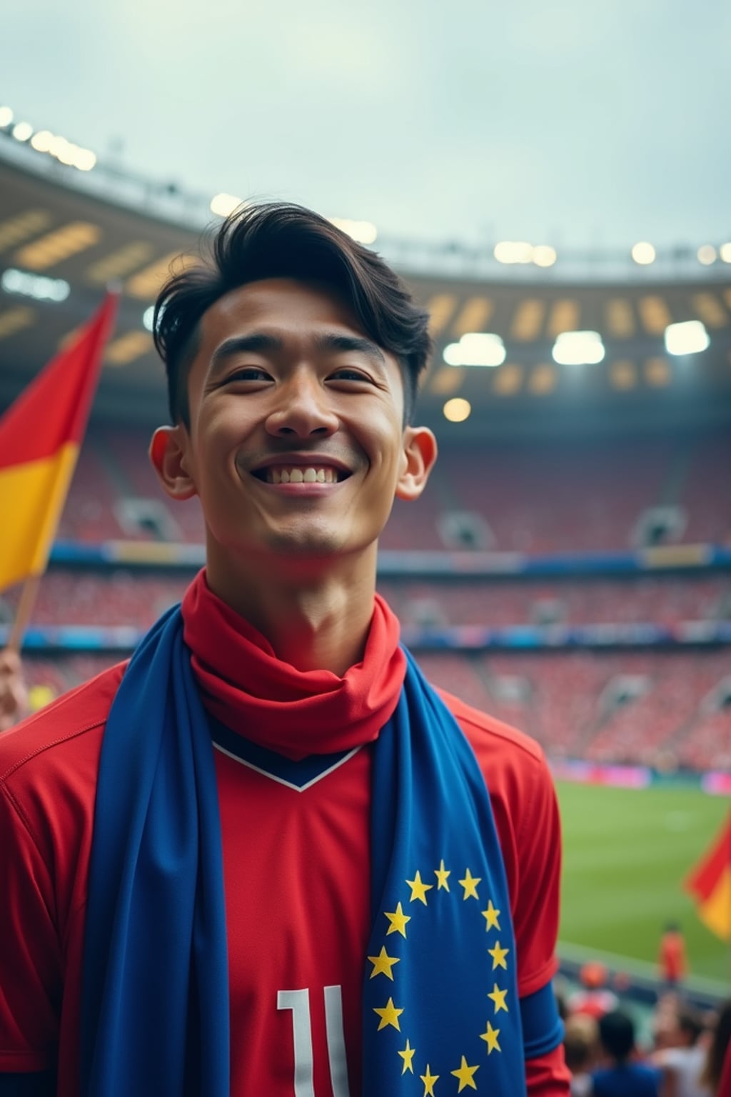 man at a Champions League football match in a historic stadium, wearing  team jersey with European flag scarf, surrounded by excited fans waving flags of different European nations, stadium decorated with European unity banners