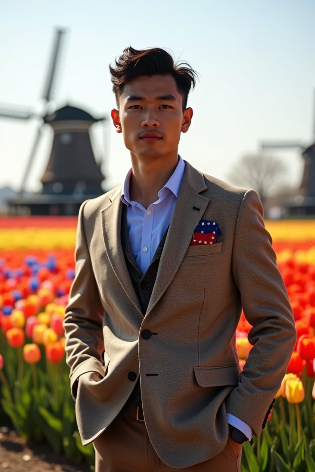 man confidently posed in Amsterdam during tulip season, surrounded by vibrant fields of blue, yellow, and red flowers.  He is dressed in classic Dutch-inspired clothes with European touches, adorned with  a smart casual outfit with European flag pocket square, traditional windmills visible in the background. The scene is enhanced by golden sunlight and a gentle breeze carrying flower petals.