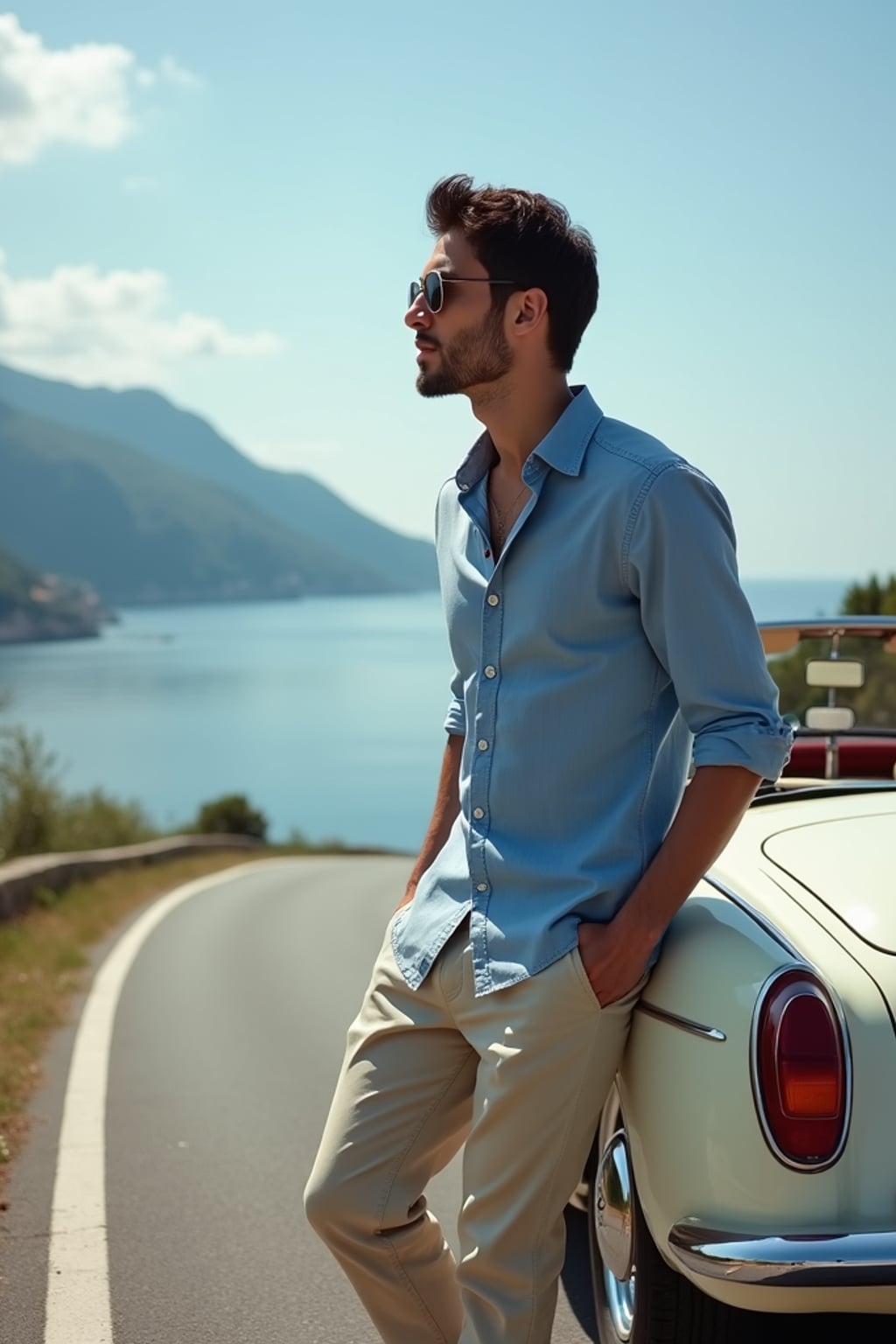 man on a classic European road trip, leaning against a vintage convertible on a coastal road in Amalfi, wearing  linen pants and a blue shirt with rolled sleeves, Mediterranean Sea stretching behind, embodying freedom and European adventure