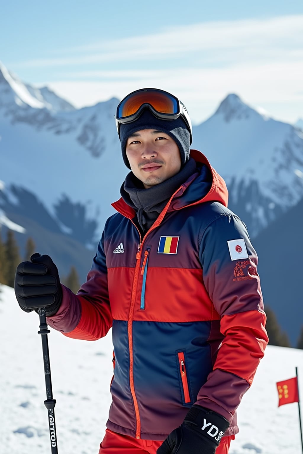 man at an Alpine ski resort, wearing  a European-themed ski outfit with flag patches, holding ski poles and a small European flag, majestic snow-capped mountains stretching behind