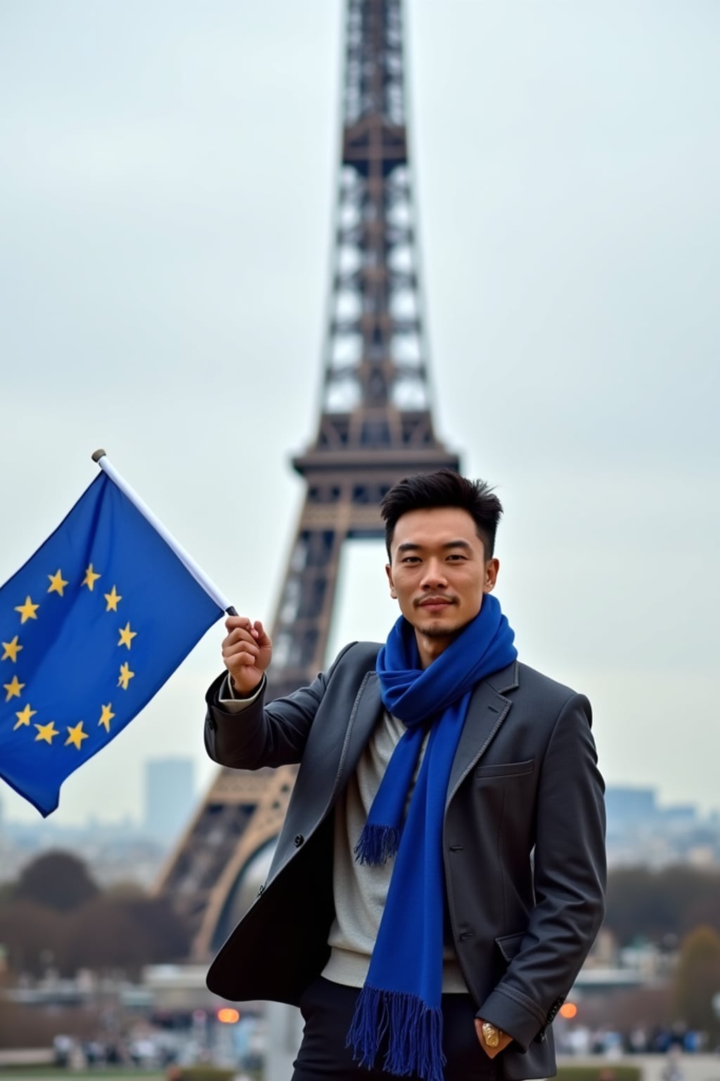 man in front of the iconic Eiffel Tower, wearing  a smart casual outfit with European blue scarf, striking a proud pose with a small European flag, Paris cityscape creating a romantic, inspiring atmosphere