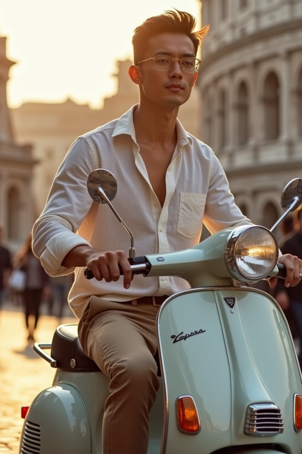 man on a vintage Vespa scooter in Rome, wearing  a stylish linen shirt and tailored pants, the Colosseum visible in the background, golden hour sunlight creating a warm Mediterranean glow