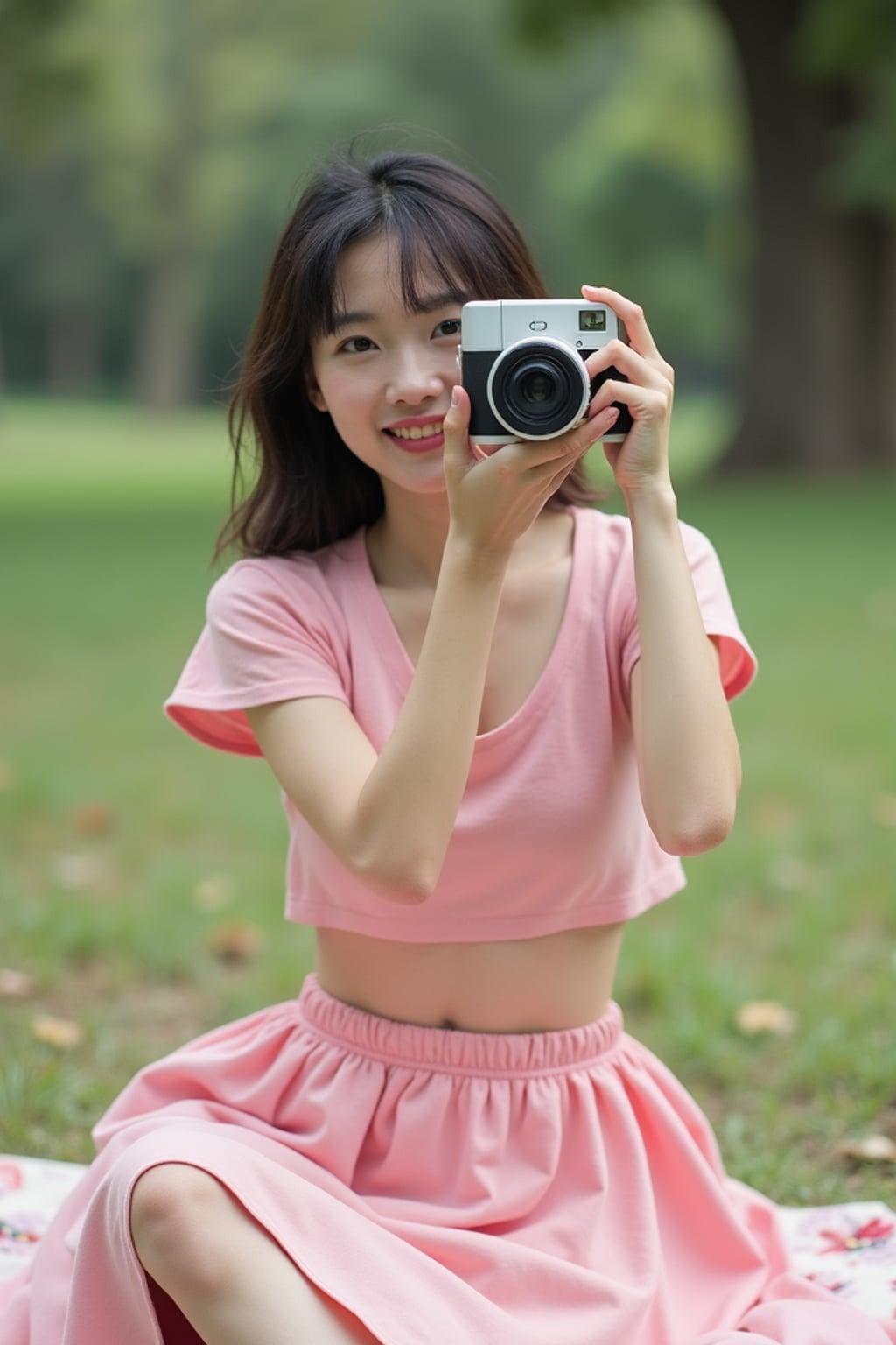 woman with Polaroid camera in hand taking picnic photos, wearing a soft pink crop top and skirt set , candid vibe with playful birthday energy