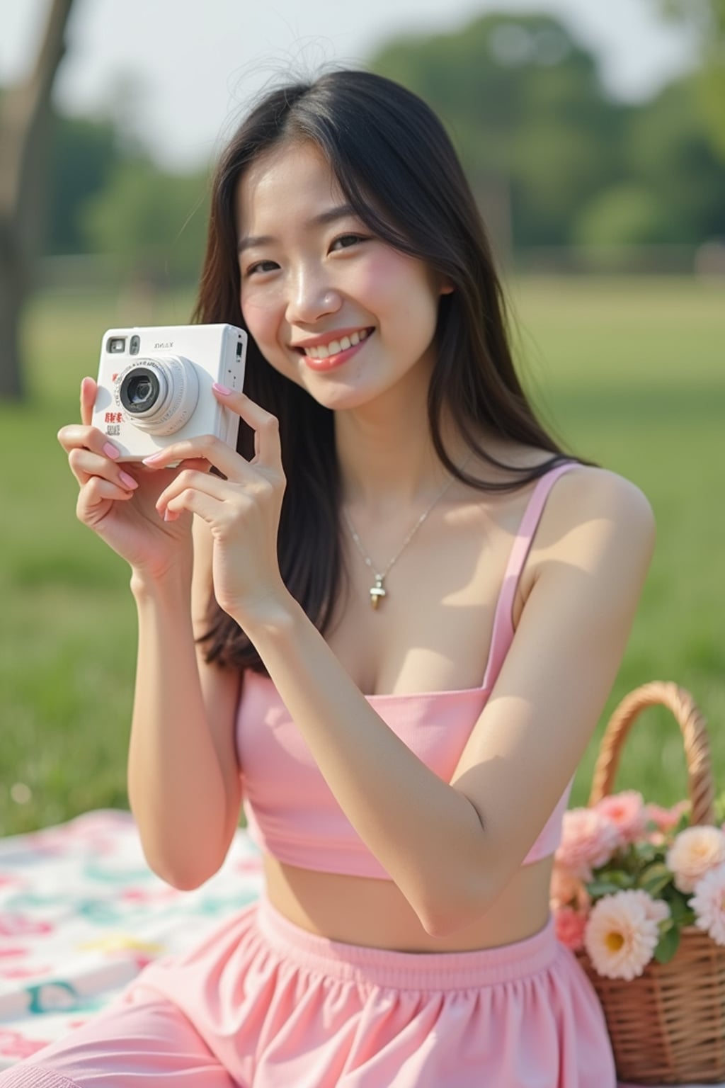 woman with Polaroid camera in hand taking picnic photos, wearing a soft pink crop top and skirt set , candid vibe with playful birthday energy