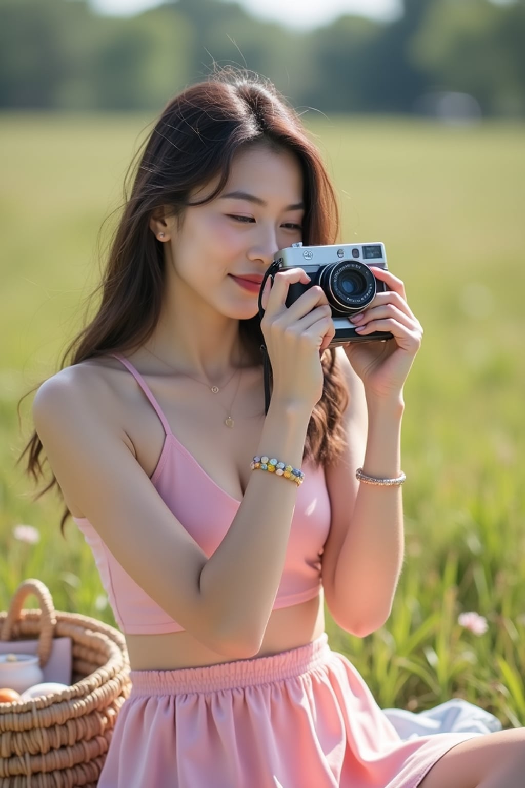 woman with Polaroid camera in hand taking picnic photos, wearing a soft pink crop top and skirt set , candid vibe with playful birthday energy
