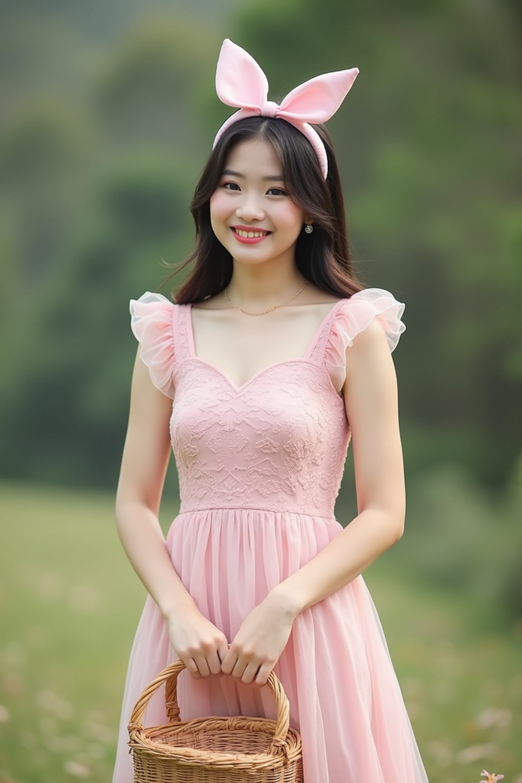 woman standing with a picnic basket in hand, wearing a pastel pink sundress with a bow headband , natural background, styled like a vintage birthday postcard