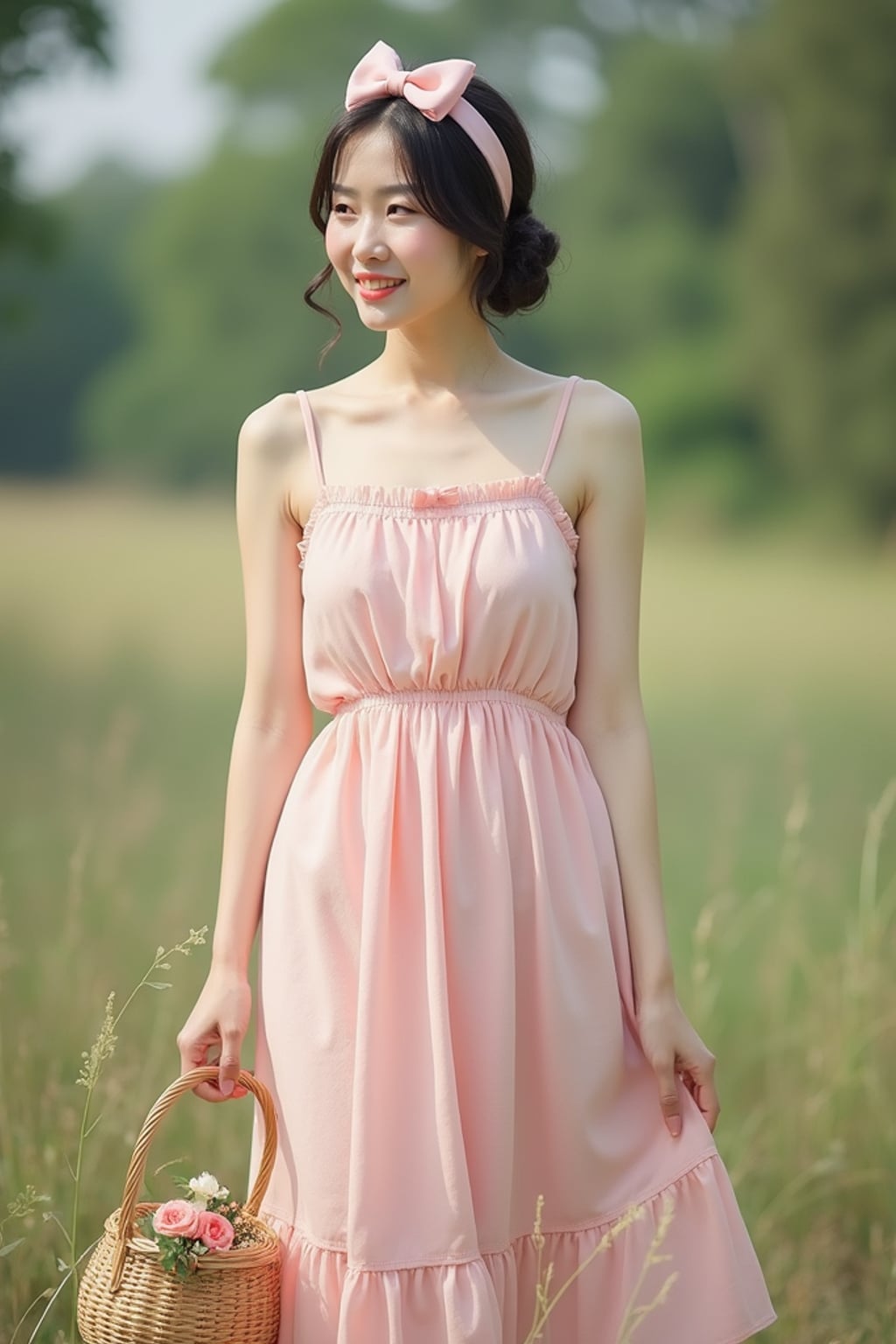woman standing with a picnic basket in hand, wearing a pastel pink sundress with a bow headband , natural background, styled like a vintage birthday postcard