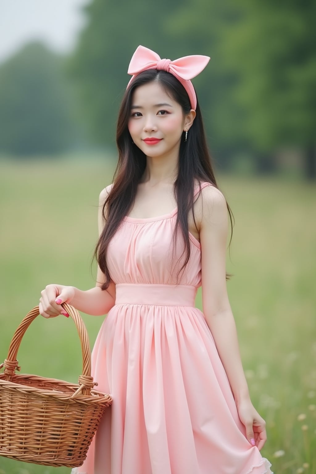 woman standing with a picnic basket in hand, wearing a pastel pink sundress with a bow headband , natural background, styled like a vintage birthday postcard