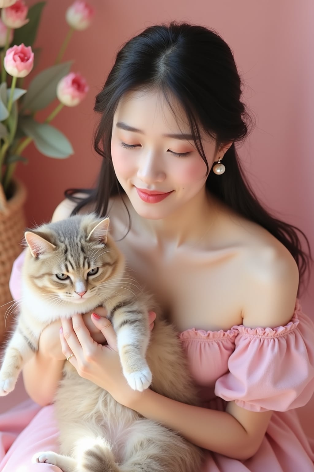 woman holding a cat or pet on their lap, wearing a cute pink dress with pearl earrings , surrounded by picnic decor, soft pink theme