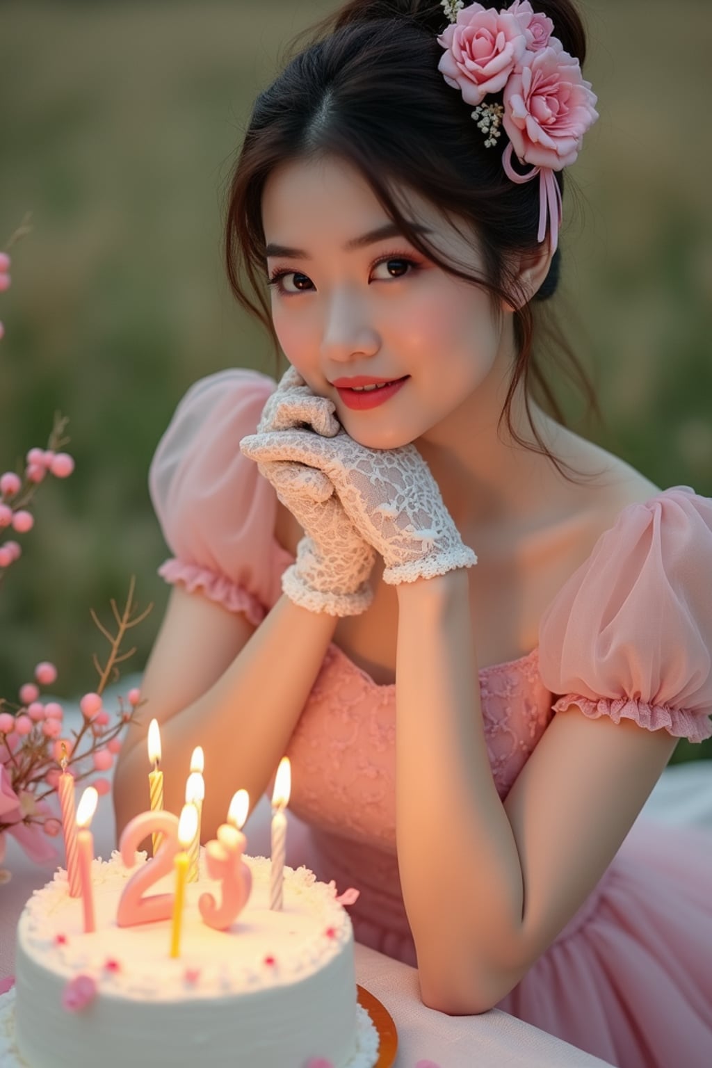 woman posing with a birthday cake with candles, wearing a vintage-style pink birthday dress and lace gloves , festive picnic scene with ribbons and cake close-up