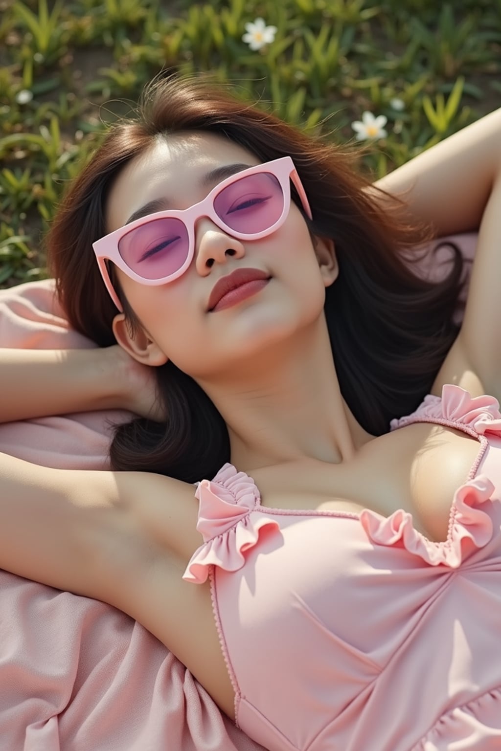woman lying back on a picnic blanket, relaxed and happy, wearing a cute pastel romper with frills and pink sunglasses , birthday picnic aesthetic with soft lighting