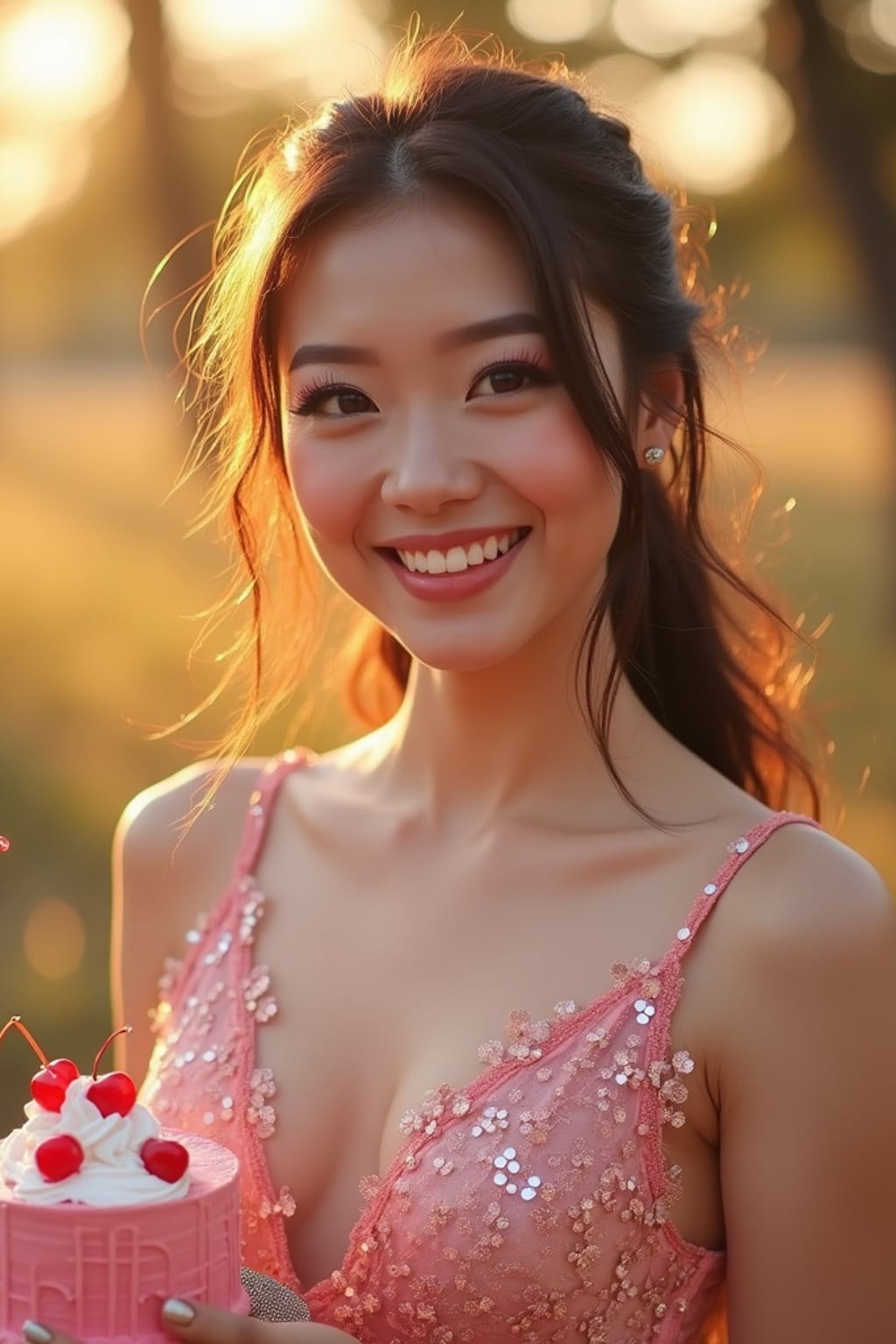 woman holding a slice of pink cake with cherries, smiling at the camera, wearing a sparkly pink party dress and glitter heels , golden hour lighting, birthday picnic mood