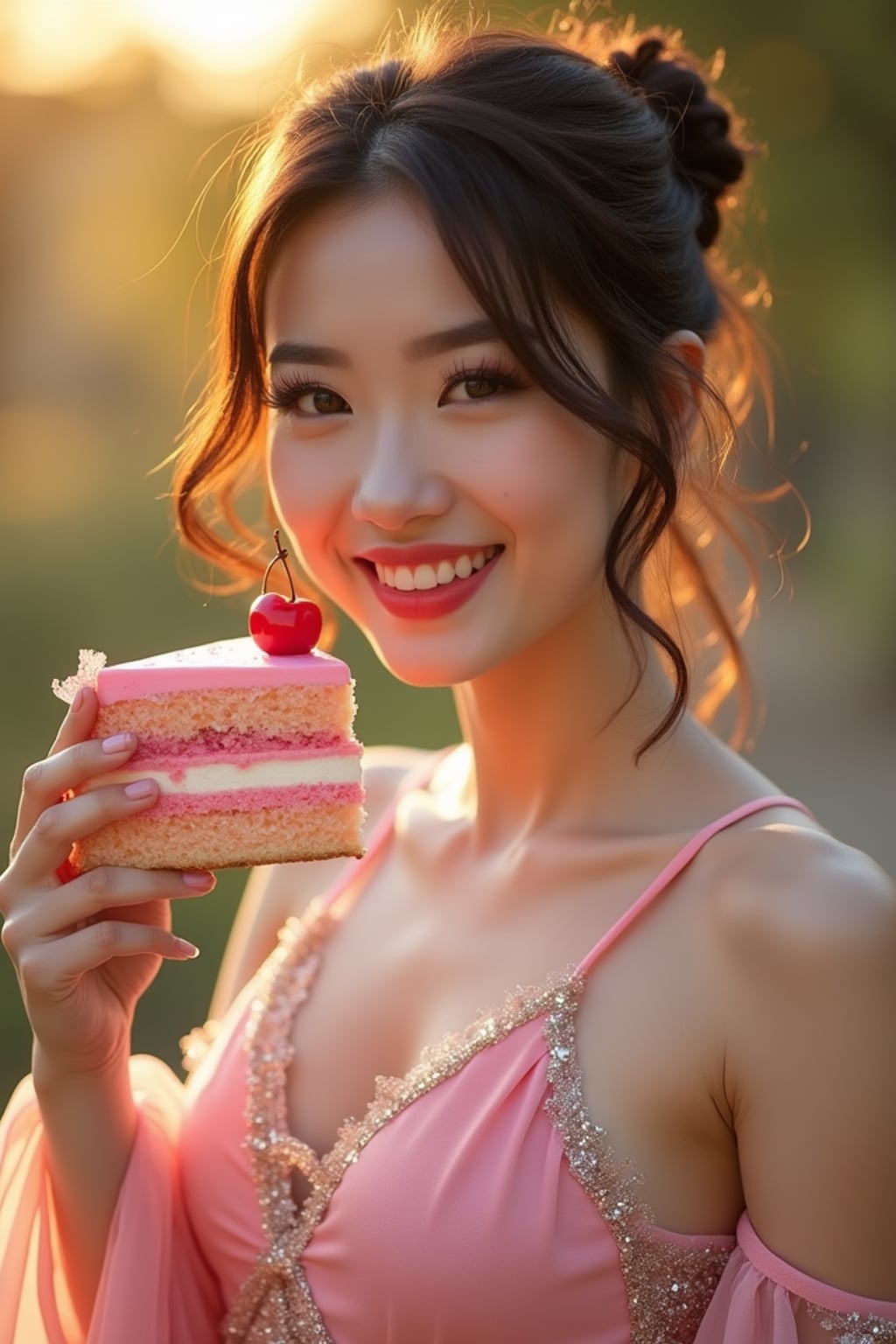 woman holding a slice of pink cake with cherries, smiling at the camera, wearing a sparkly pink party dress and glitter heels , golden hour lighting, birthday picnic mood