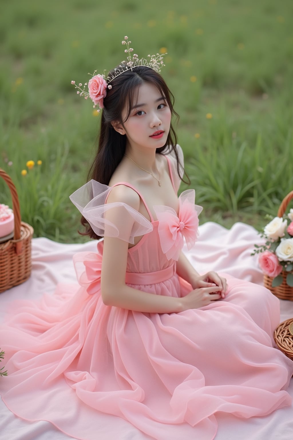 woman sitting on a pink blanket in a grassy field, wearing a pink tulle birthday dress with puff sleeves and bow , surrounded by cake, flowers, and picnic baskets
