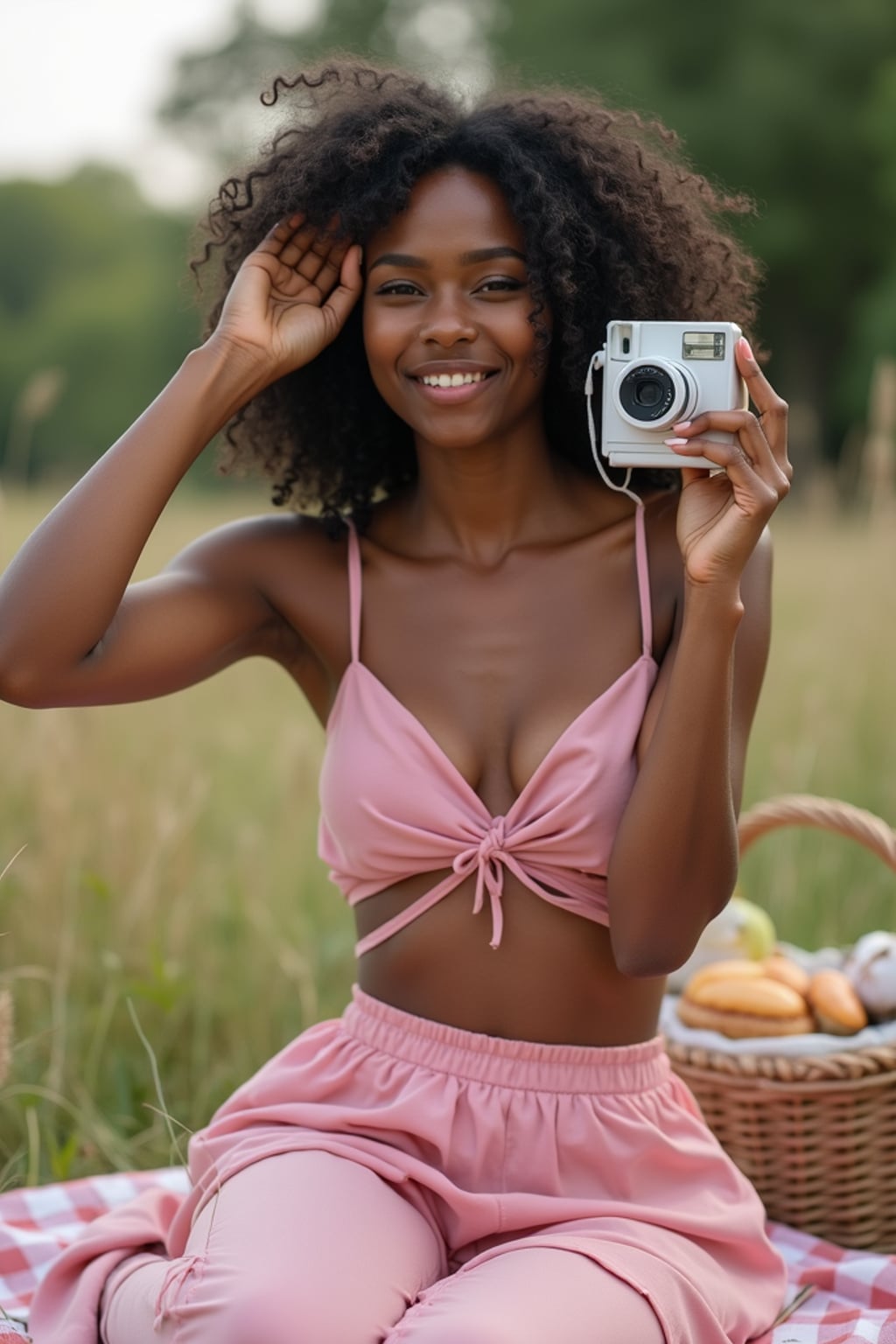 woman with Polaroid camera in hand taking picnic photos, wearing a soft pink crop top and skirt set , candid vibe with playful birthday energy