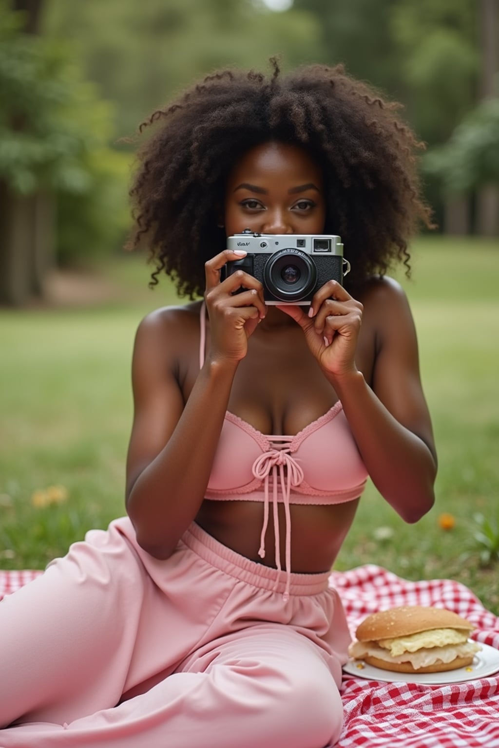 woman with Polaroid camera in hand taking picnic photos, wearing a soft pink crop top and skirt set , candid vibe with playful birthday energy