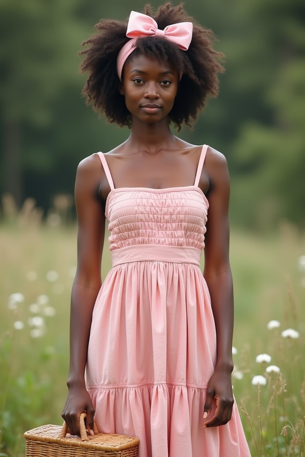 woman standing with a picnic basket in hand, wearing a pastel pink sundress with a bow headband , natural background, styled like a vintage birthday postcard
