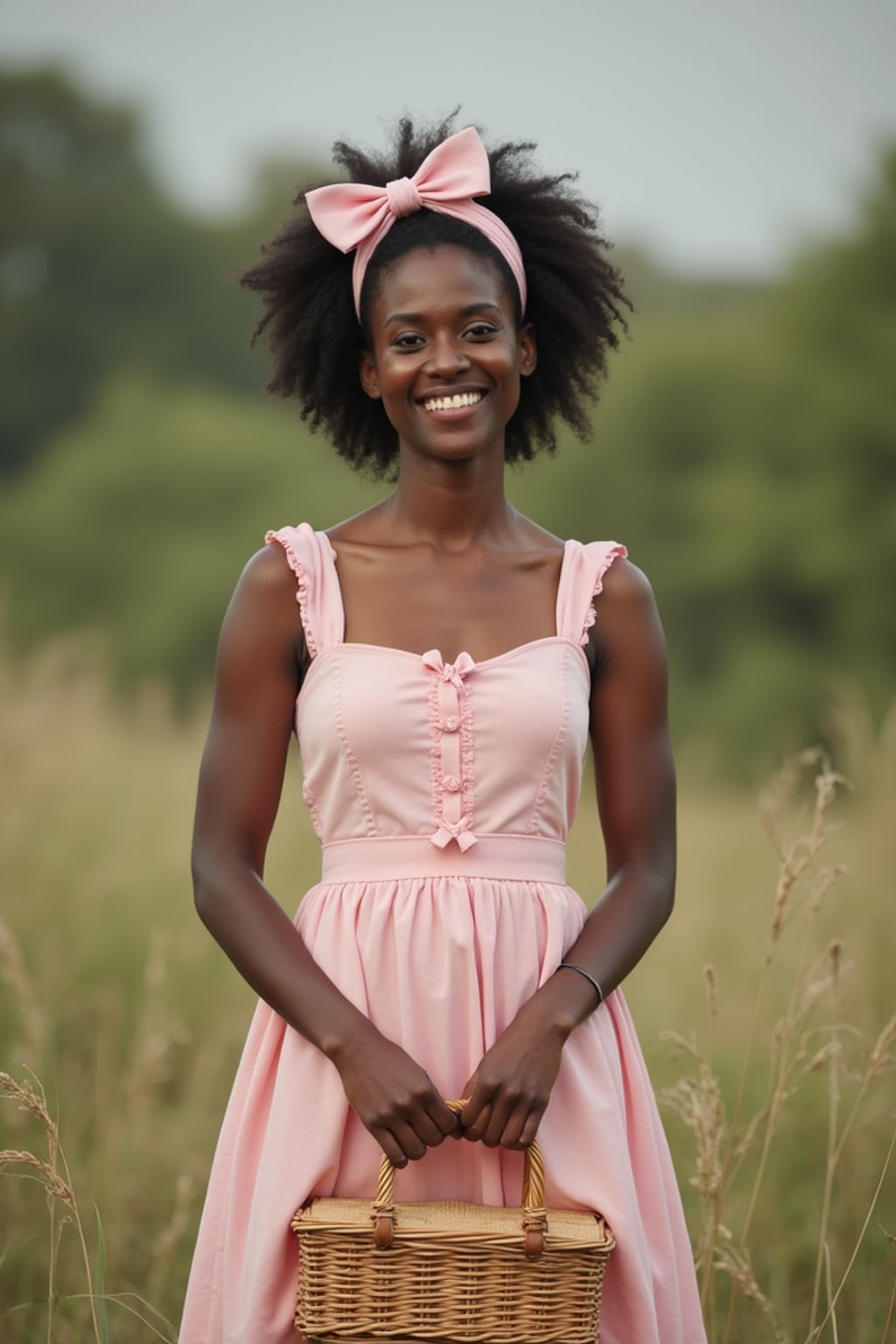 woman standing with a picnic basket in hand, wearing a pastel pink sundress with a bow headband , natural background, styled like a vintage birthday postcard