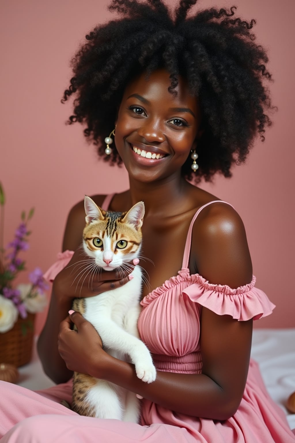 woman holding a cat or pet on their lap, wearing a cute pink dress with pearl earrings , surrounded by picnic decor, soft pink theme