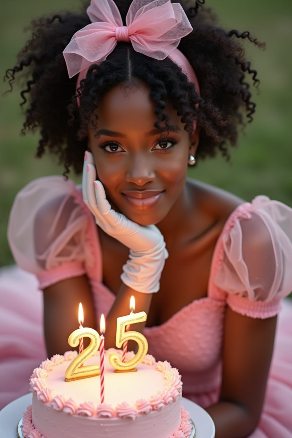 woman posing with a birthday cake with candles, wearing a vintage-style pink birthday dress and lace gloves , festive picnic scene with ribbons and cake close-up