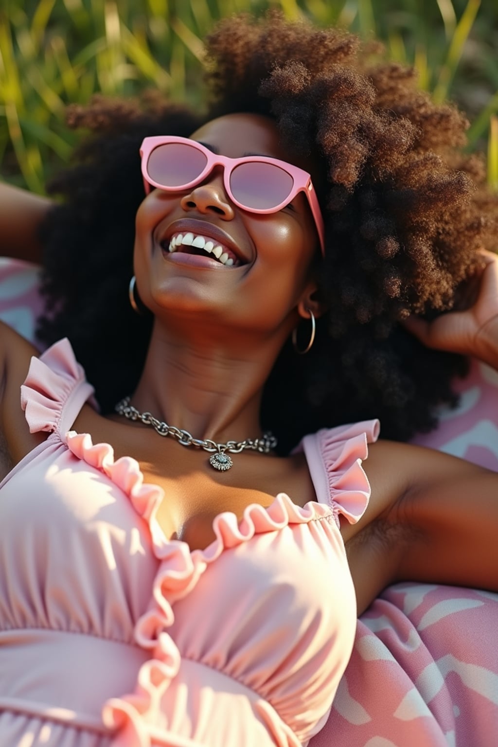 woman lying back on a picnic blanket, relaxed and happy, wearing a cute pastel romper with frills and pink sunglasses , birthday picnic aesthetic with soft lighting