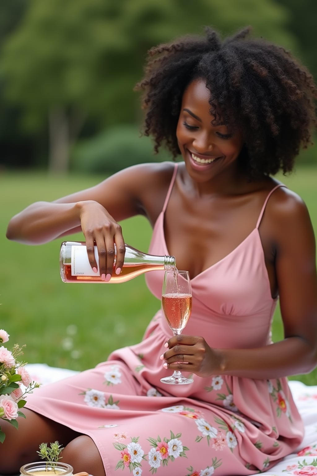 woman pouring rosé or sparkling drink into a glass, wearing a satin pink camisole and floral skirt , with a decorated picnic setup, flowers and drinks visible