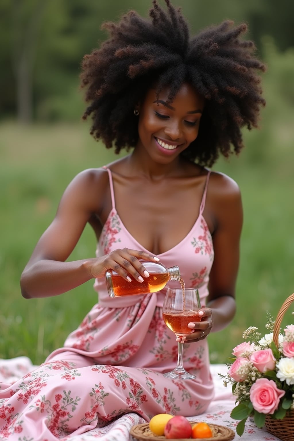 woman pouring rosé or sparkling drink into a glass, wearing a satin pink camisole and floral skirt , with a decorated picnic setup, flowers and drinks visible