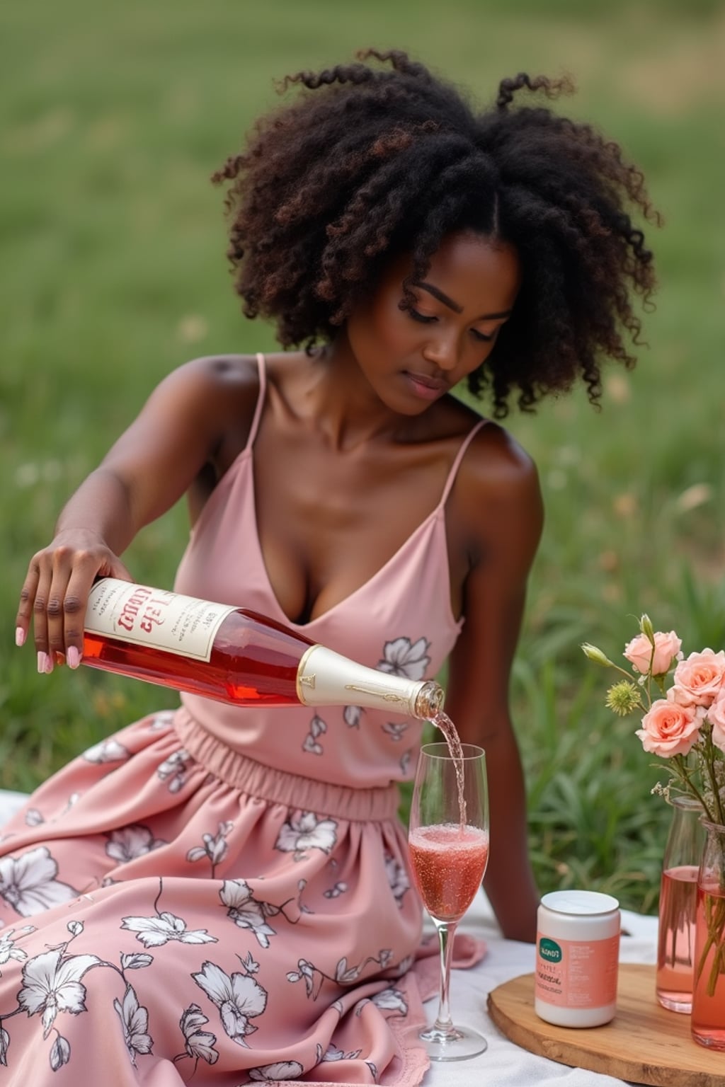 woman pouring rosé or sparkling drink into a glass, wearing a satin pink camisole and floral skirt , with a decorated picnic setup, flowers and drinks visible