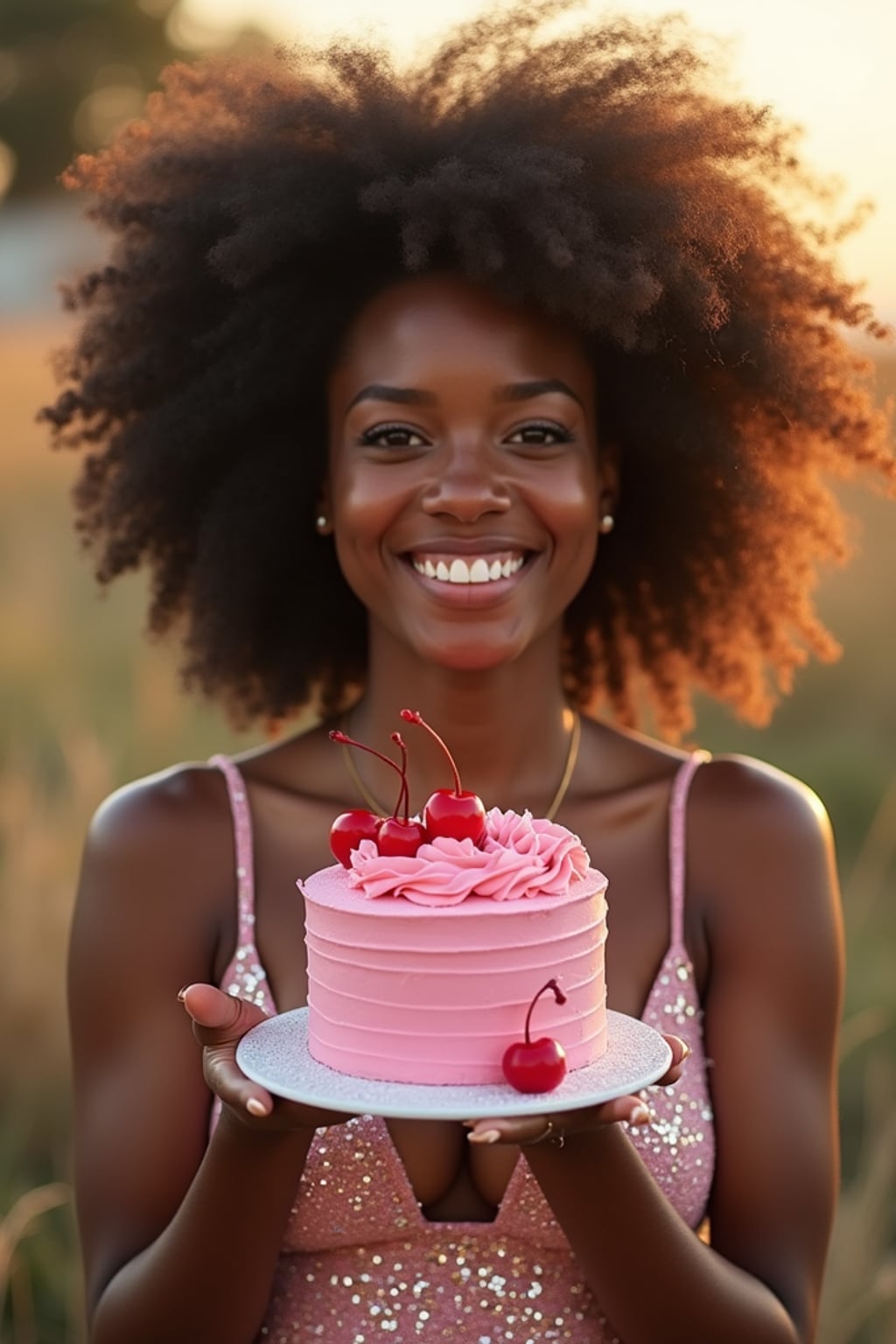woman holding a slice of pink cake with cherries, smiling at the camera, wearing a sparkly pink party dress and glitter heels , golden hour lighting, birthday picnic mood