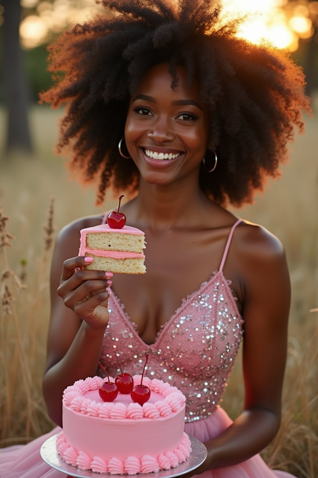 woman holding a slice of pink cake with cherries, smiling at the camera, wearing a sparkly pink party dress and glitter heels , golden hour lighting, birthday picnic mood