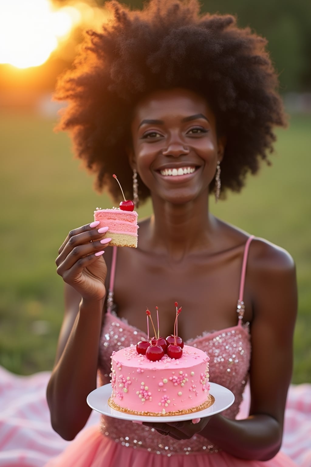 woman holding a slice of pink cake with cherries, smiling at the camera, wearing a sparkly pink party dress and glitter heels , golden hour lighting, birthday picnic mood