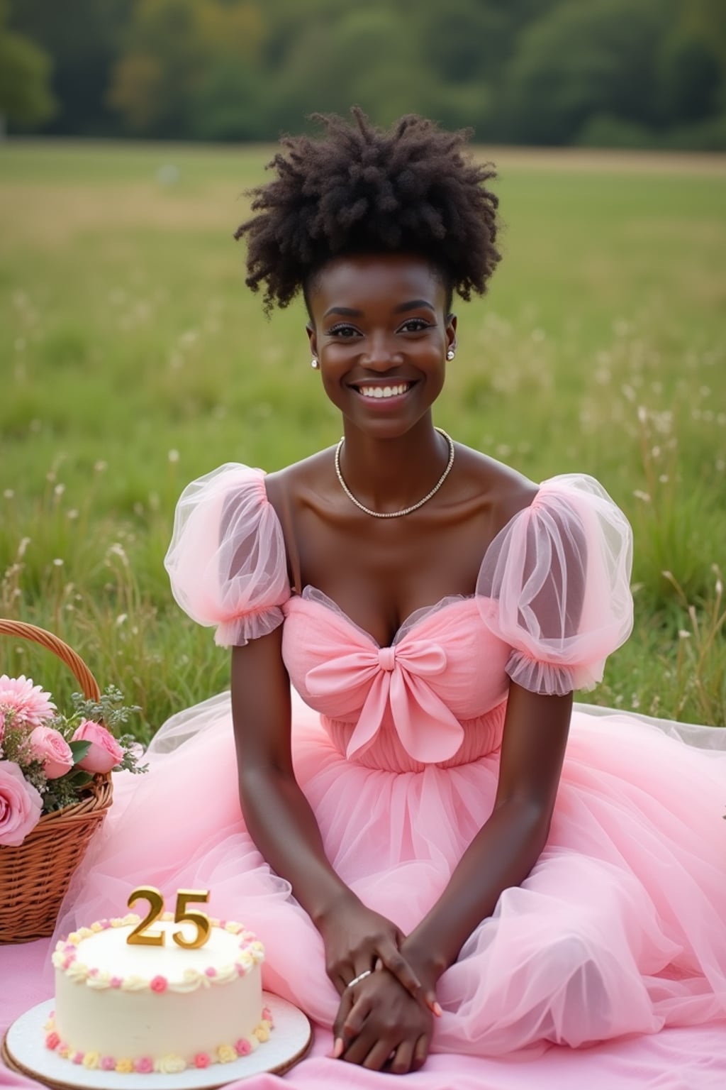 woman sitting on a pink blanket in a grassy field, wearing a pink tulle birthday dress with puff sleeves and bow , surrounded by cake, flowers, and picnic baskets