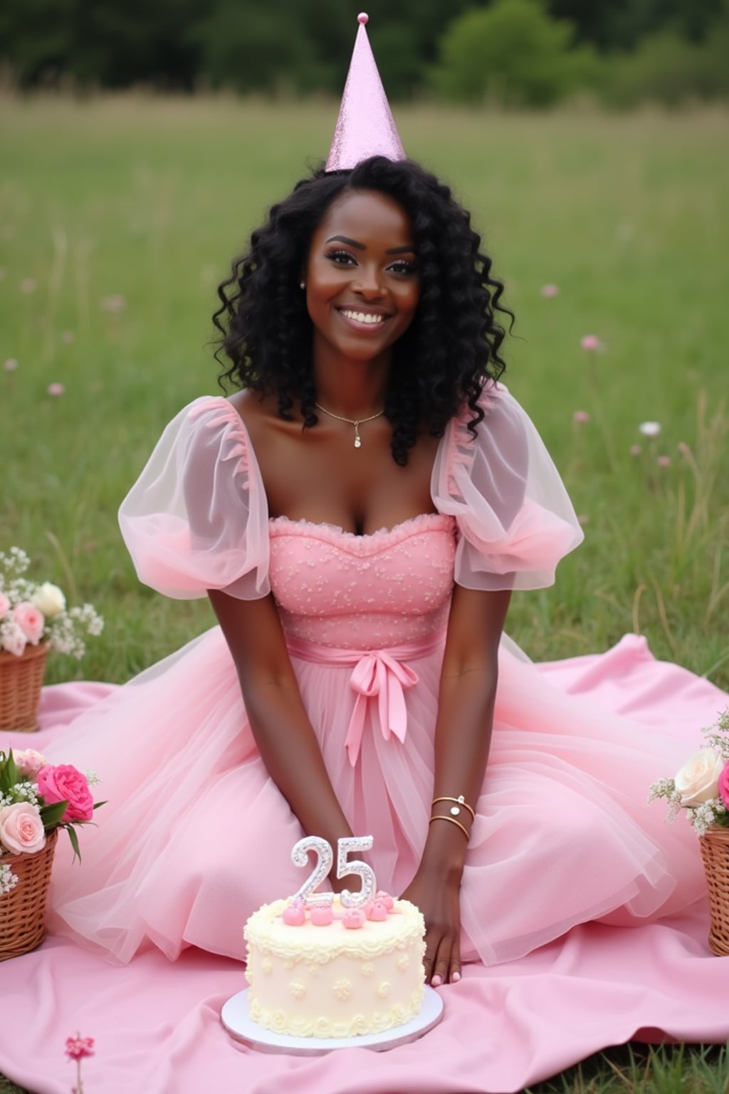 woman sitting on a pink blanket in a grassy field, wearing a pink tulle birthday dress with puff sleeves and bow , surrounded by cake, flowers, and picnic baskets