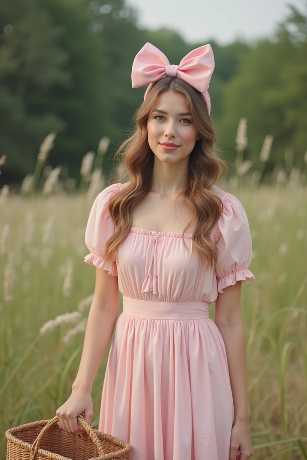 woman standing with a picnic basket in hand, wearing a pastel pink sundress with a bow headband , natural background, styled like a vintage birthday postcard