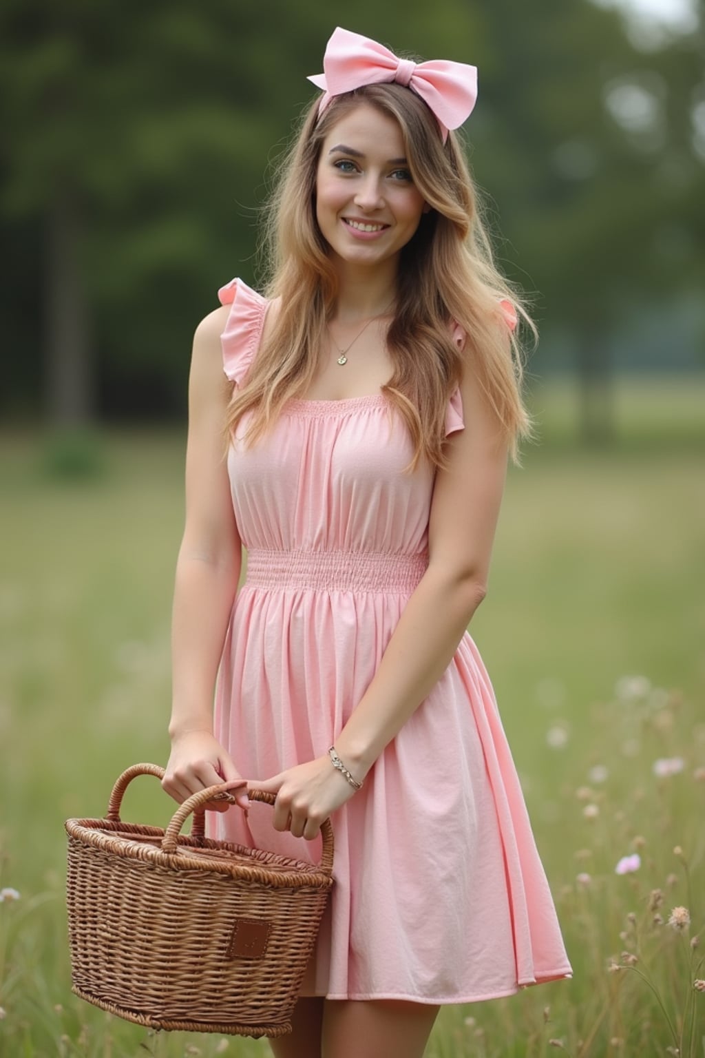 woman standing with a picnic basket in hand, wearing a pastel pink sundress with a bow headband , natural background, styled like a vintage birthday postcard