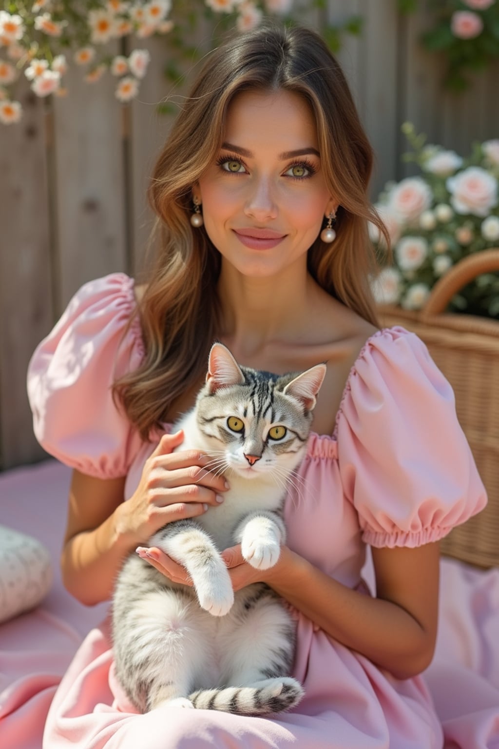 woman holding a cat or pet on their lap, wearing a cute pink dress with pearl earrings , surrounded by picnic decor, soft pink theme