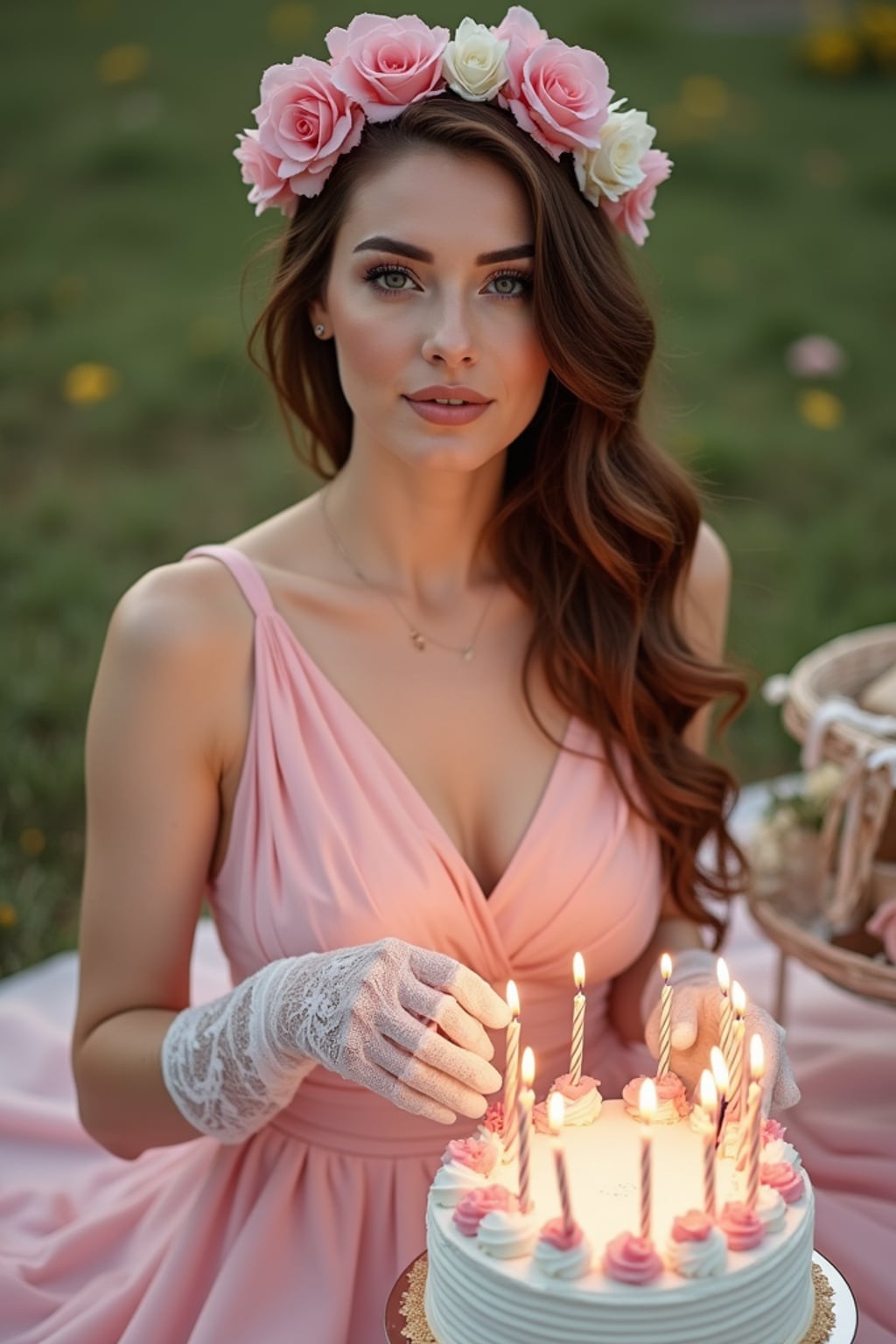 woman posing with a birthday cake with candles, wearing a vintage-style pink birthday dress and lace gloves , festive picnic scene with ribbons and cake close-up