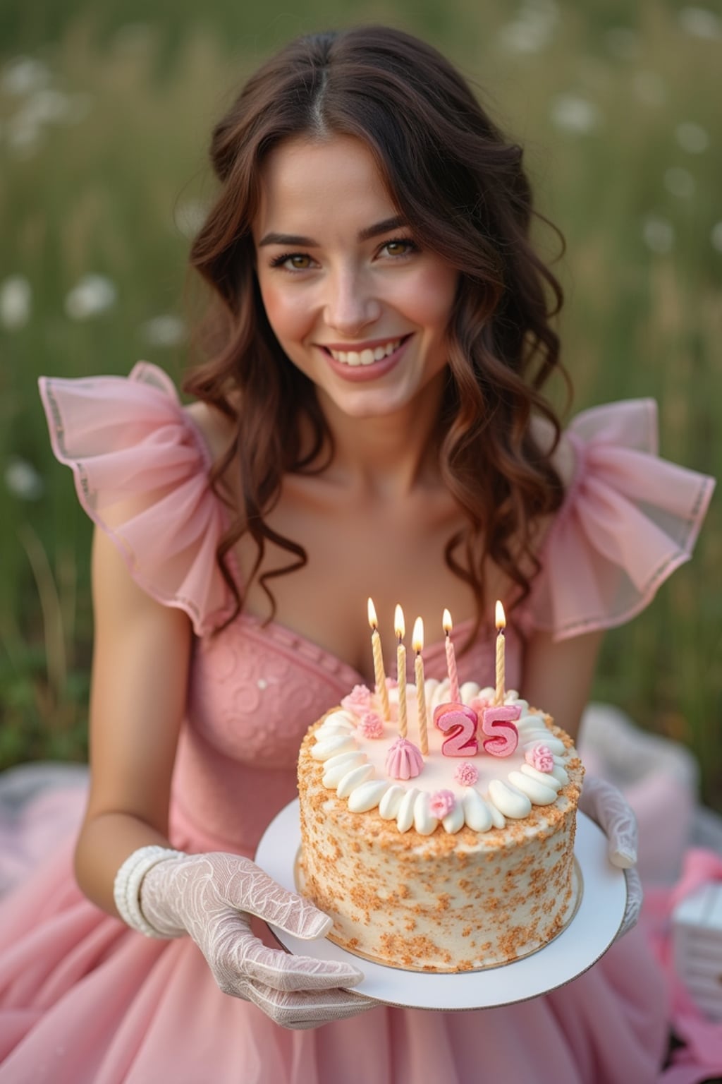woman posing with a birthday cake with candles, wearing a vintage-style pink birthday dress and lace gloves , festive picnic scene with ribbons and cake close-up
