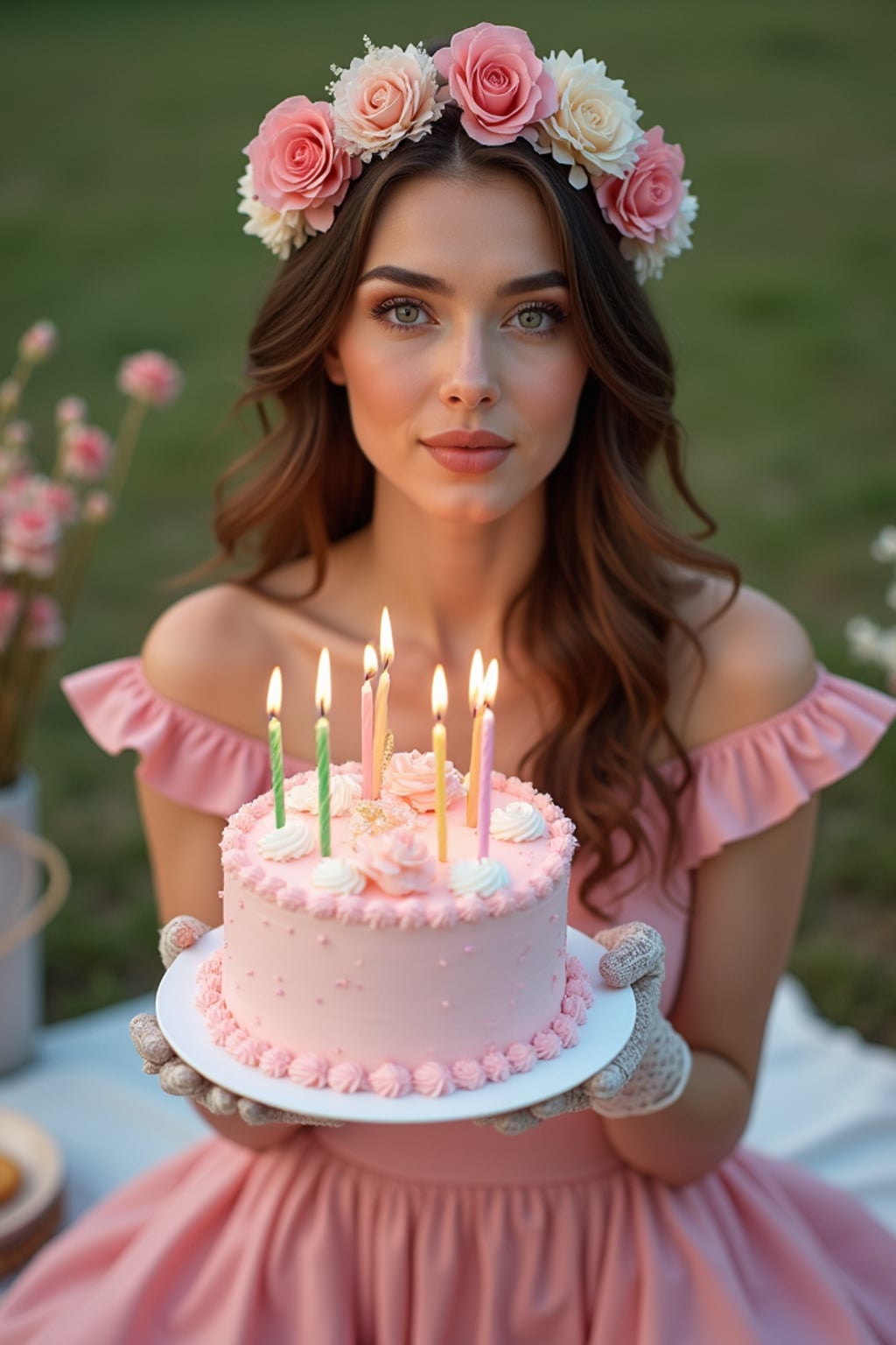 woman posing with a birthday cake with candles, wearing a vintage-style pink birthday dress and lace gloves , festive picnic scene with ribbons and cake close-up