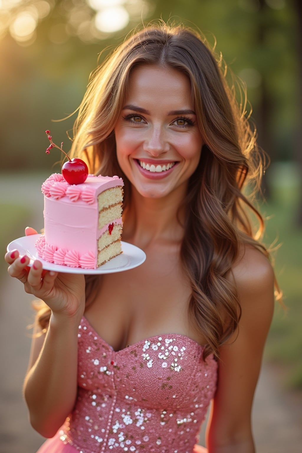 woman holding a slice of pink cake with cherries, smiling at the camera, wearing a sparkly pink party dress and glitter heels , golden hour lighting, birthday picnic mood