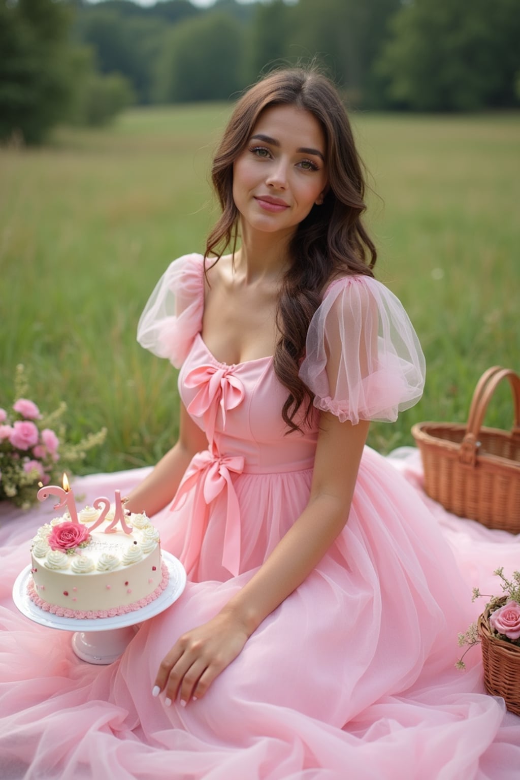 woman sitting on a pink blanket in a grassy field, wearing a pink tulle birthday dress with puff sleeves and bow , surrounded by cake, flowers, and picnic baskets