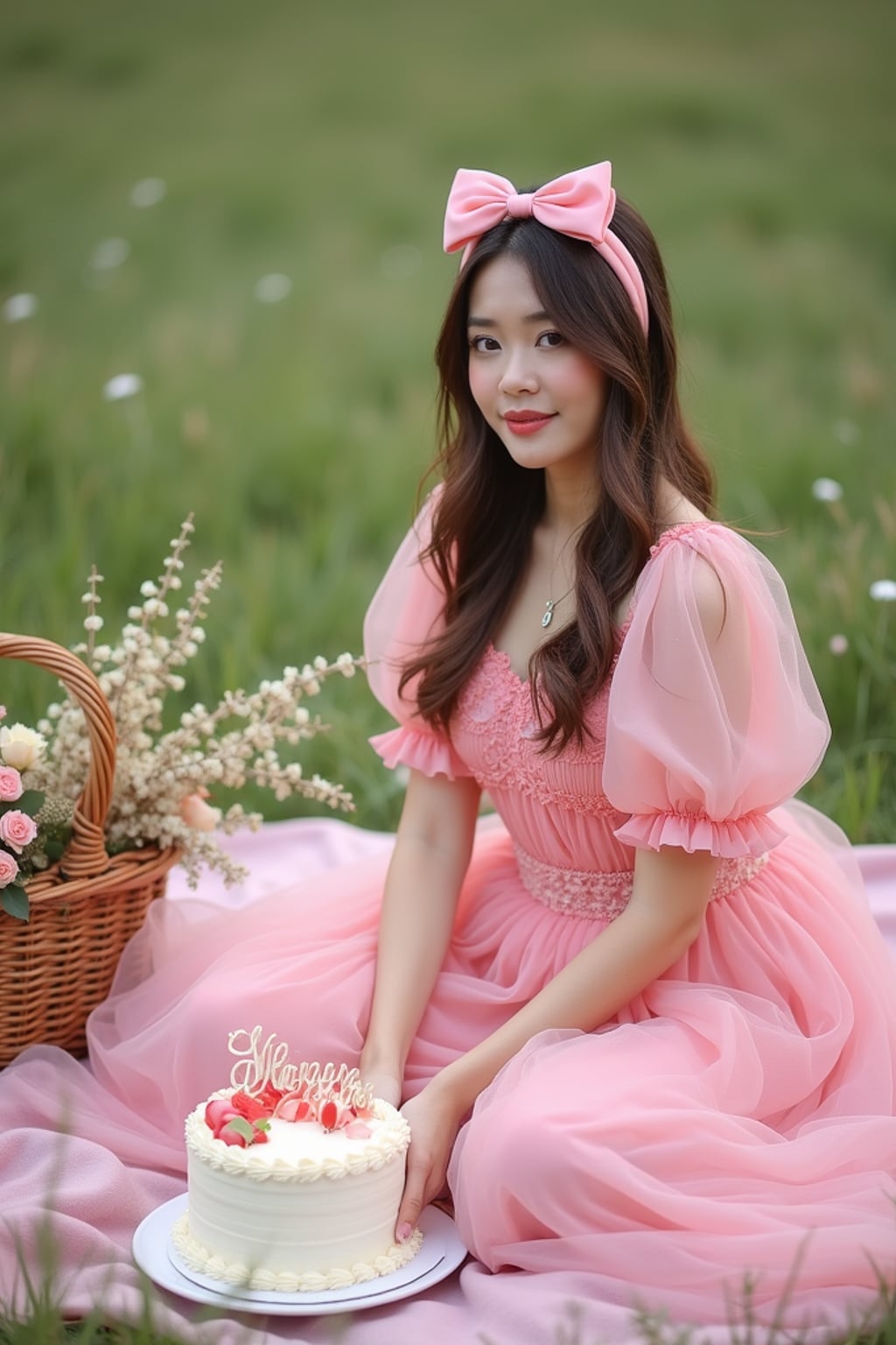 woman sitting on a pink blanket in a grassy field, wearing a pink tulle birthday dress with puff sleeves and bow , surrounded by cake, flowers, and picnic baskets