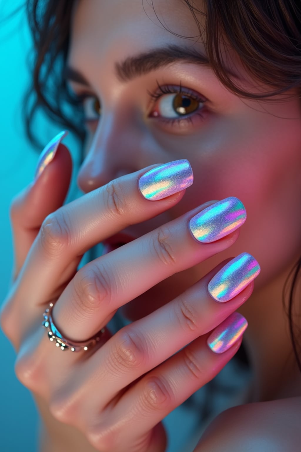 holographic chrome nails reflecting light spectrum, futuristic look, clean softbox lighting, posed fingers with high gloss